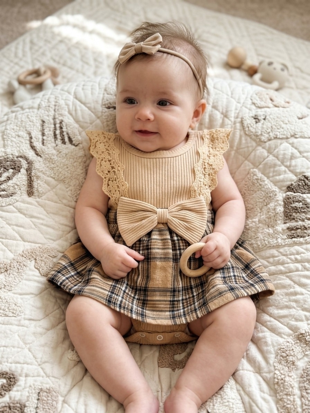 Toddler Plaid Bow Dress with Lace-Trim Bodice in Beige